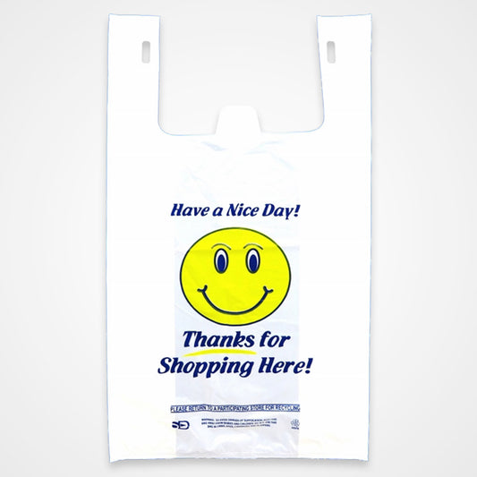 Smiley Thank You Plastic T-shirt Bags - 12 x 7 x 21 - Box of 100 (Set of 10 Boxes)